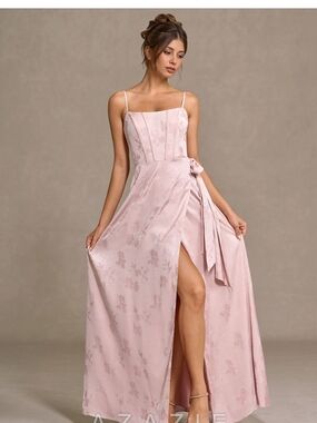 Blush Pink Jaquard Floral Gown For Bridesmaid, Wedding Guest Or Prom